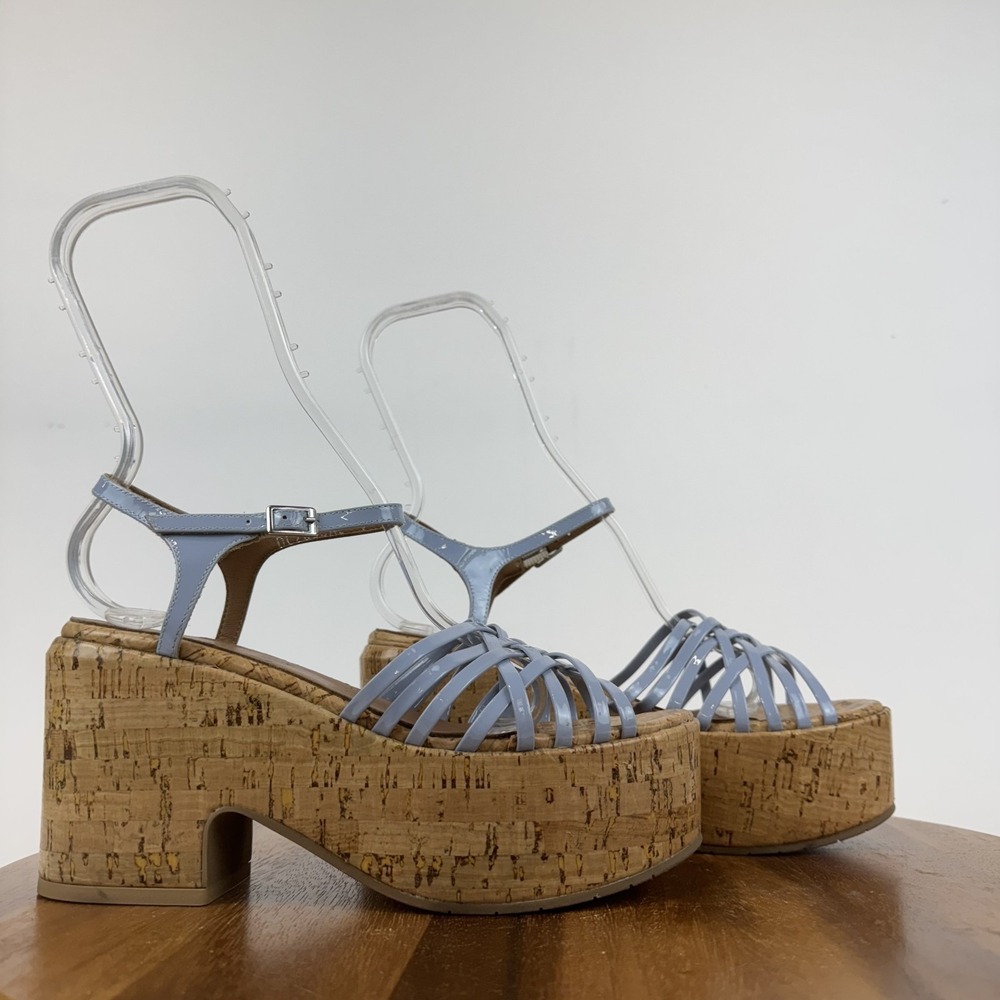 New Womens Aquatalia Elene Blue Patent Leather Platform Cork Sandals Size 9 M